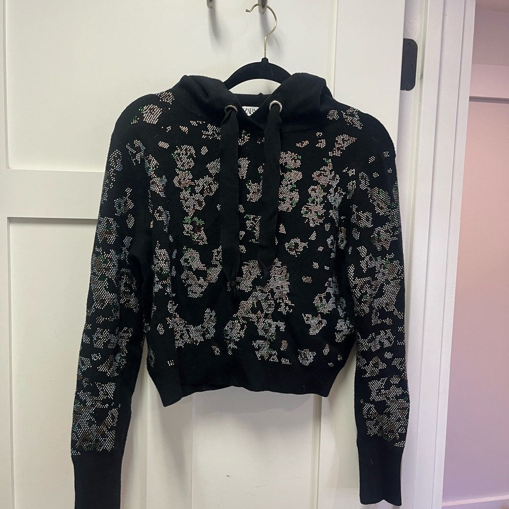 Zara Black Knit Hoodie with Pattern